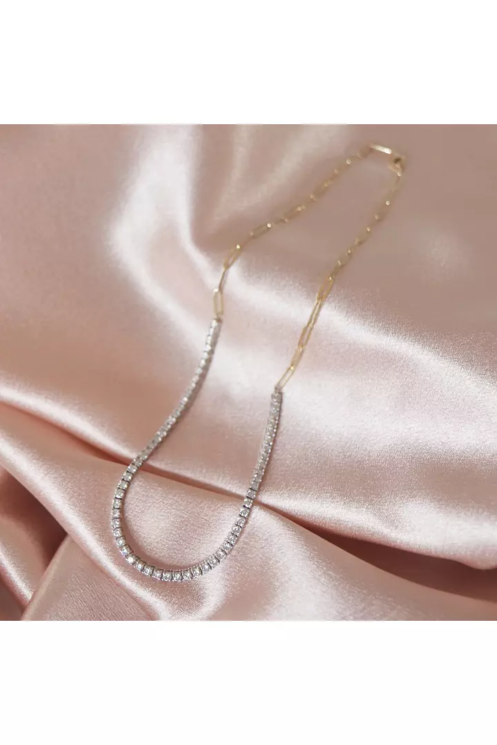 Yellow Gold Paperclip Diamond Tennis Necklace