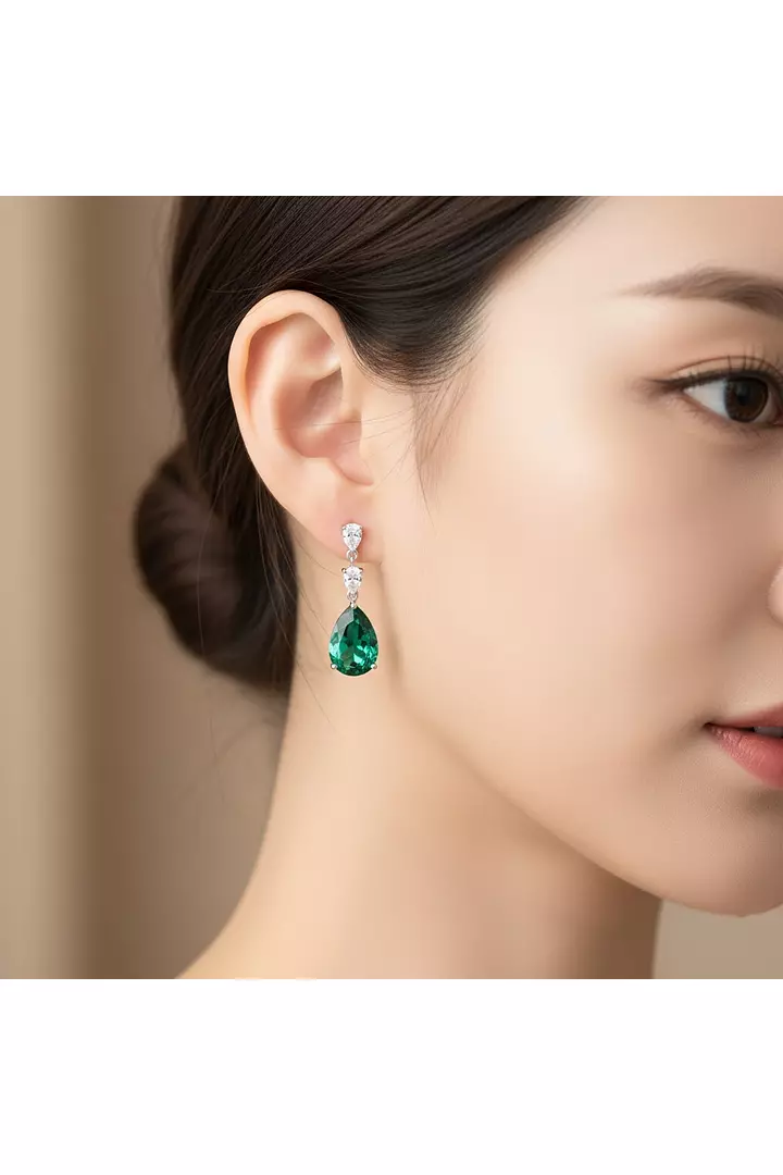 Pear Eco Emerald and Diamonds Drop Earrings
