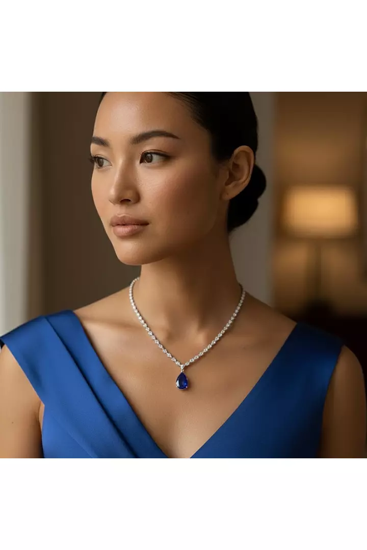Eco Diamonds Tennis Necklace with an Eco Sapphire Drop Pendant
