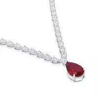 Pear Shaped Diamond Tennis Necklace with a Ruby Drop Pendant