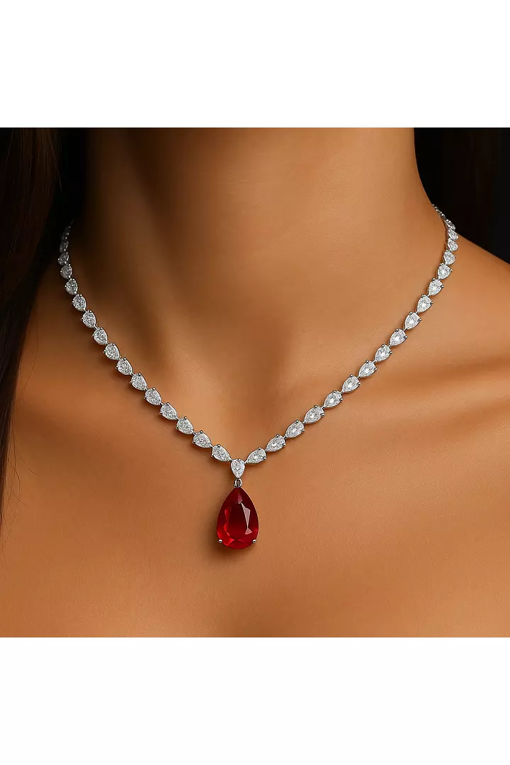 Pear Shaped Diamond Tennis Necklace with a Ruby Drop Pendant