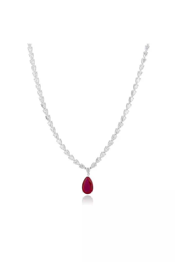 Pear Shaped Diamond Tennis Necklace with a Ruby Drop Pendant
