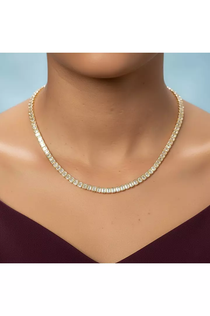 Bezel Set Emerald Shaped Eco Diamonds Tennis Necklace