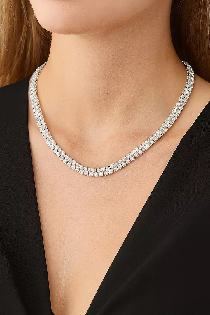 Double Row White Diamonds Tennis Necklace