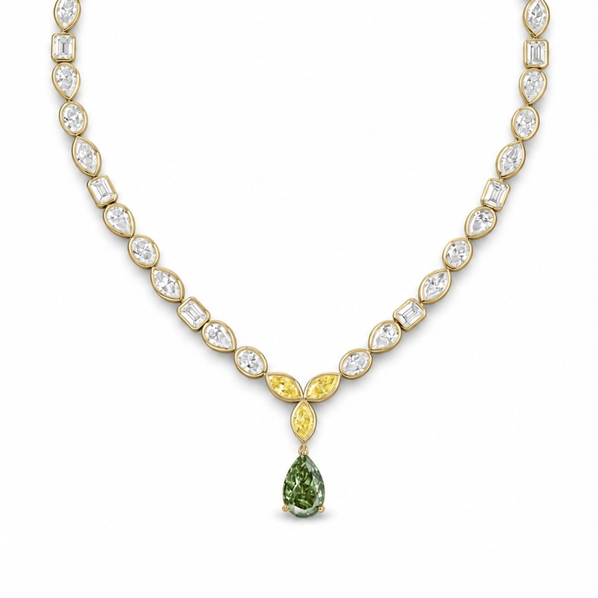 Desert Rose White, Green and Yellow Diamond Pear Drop Bezel Lariat Necklace