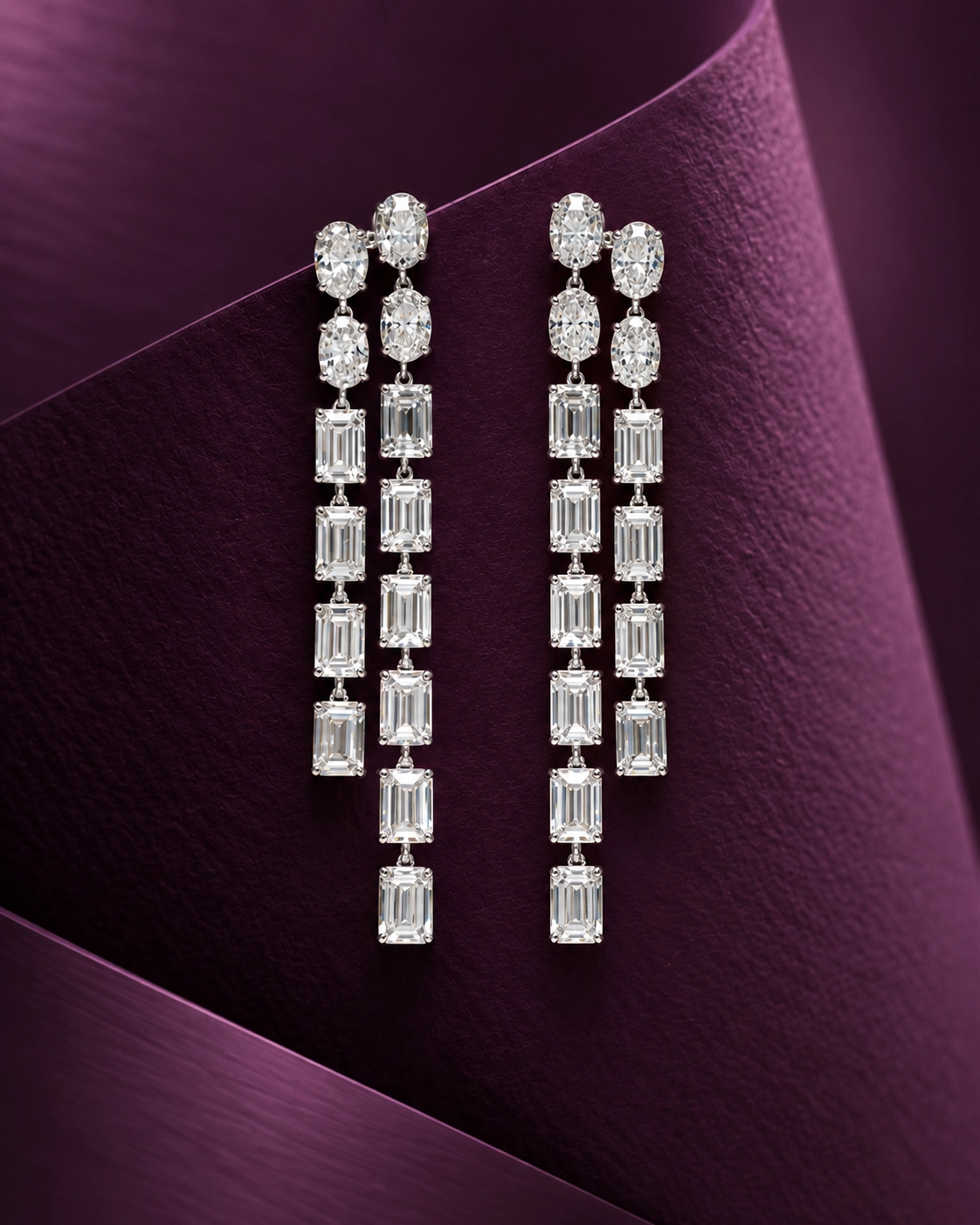 Cascading Emerald Cut Diamond Linear Drop Earrings