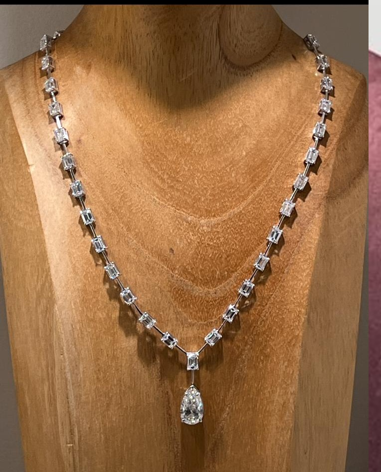 Emerald Cut Diamond Station Necklace with Pear Shape Drop