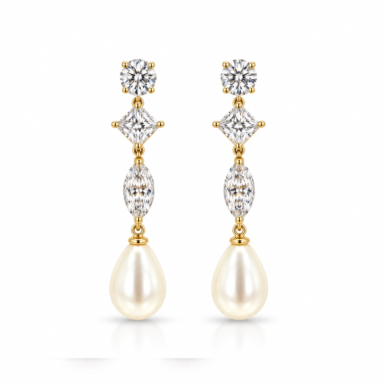 Diamond and Pearl Dangle Earrings in Yellow Gold