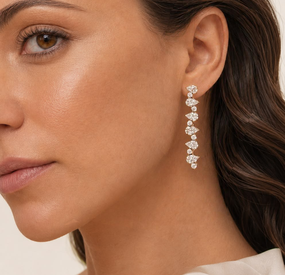 Pear and Round Diamond Cascading Drop Earrings in Yellow Gold