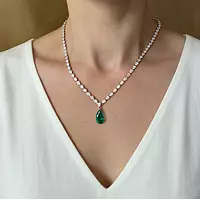 Pear shaped Eco Diamond Tennis Necklace with Emerald Drop