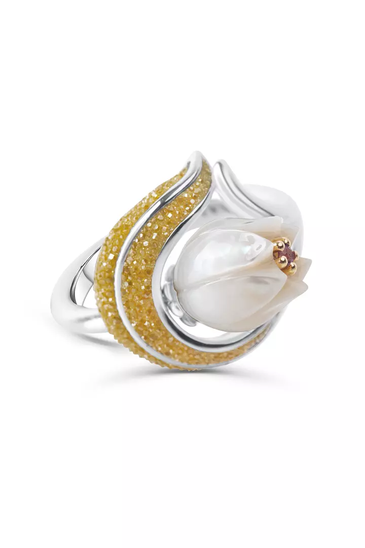 Galaxea Pearl and Ruby Tulip Cocktail Ring