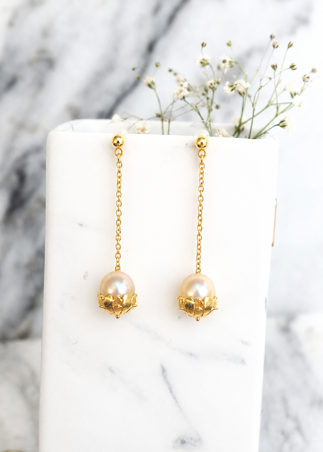Cultured Pearl Gold Petals Drop Earrings