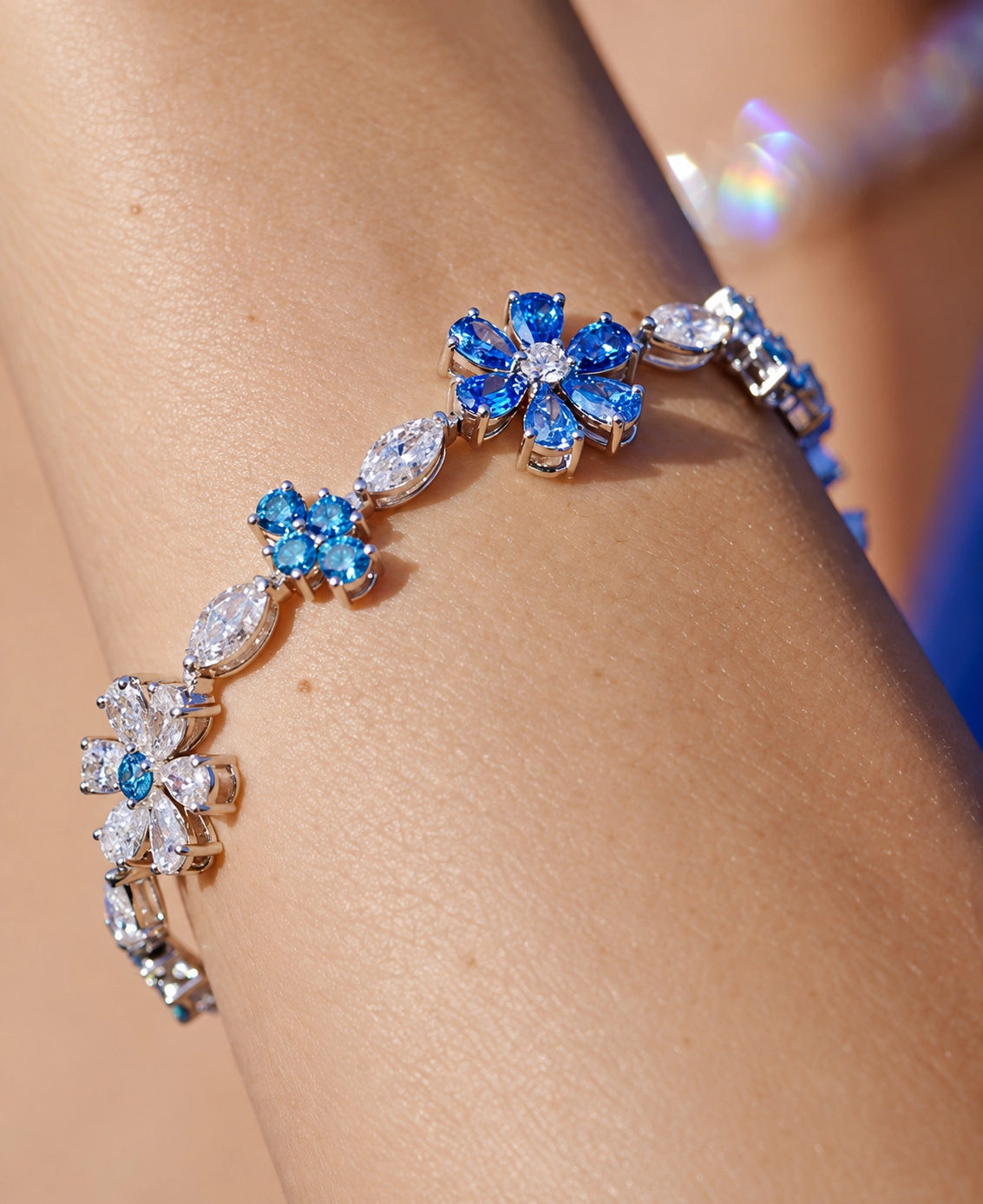 Azure Blue and White Eco Diamonds Floral Tennis Bracelet