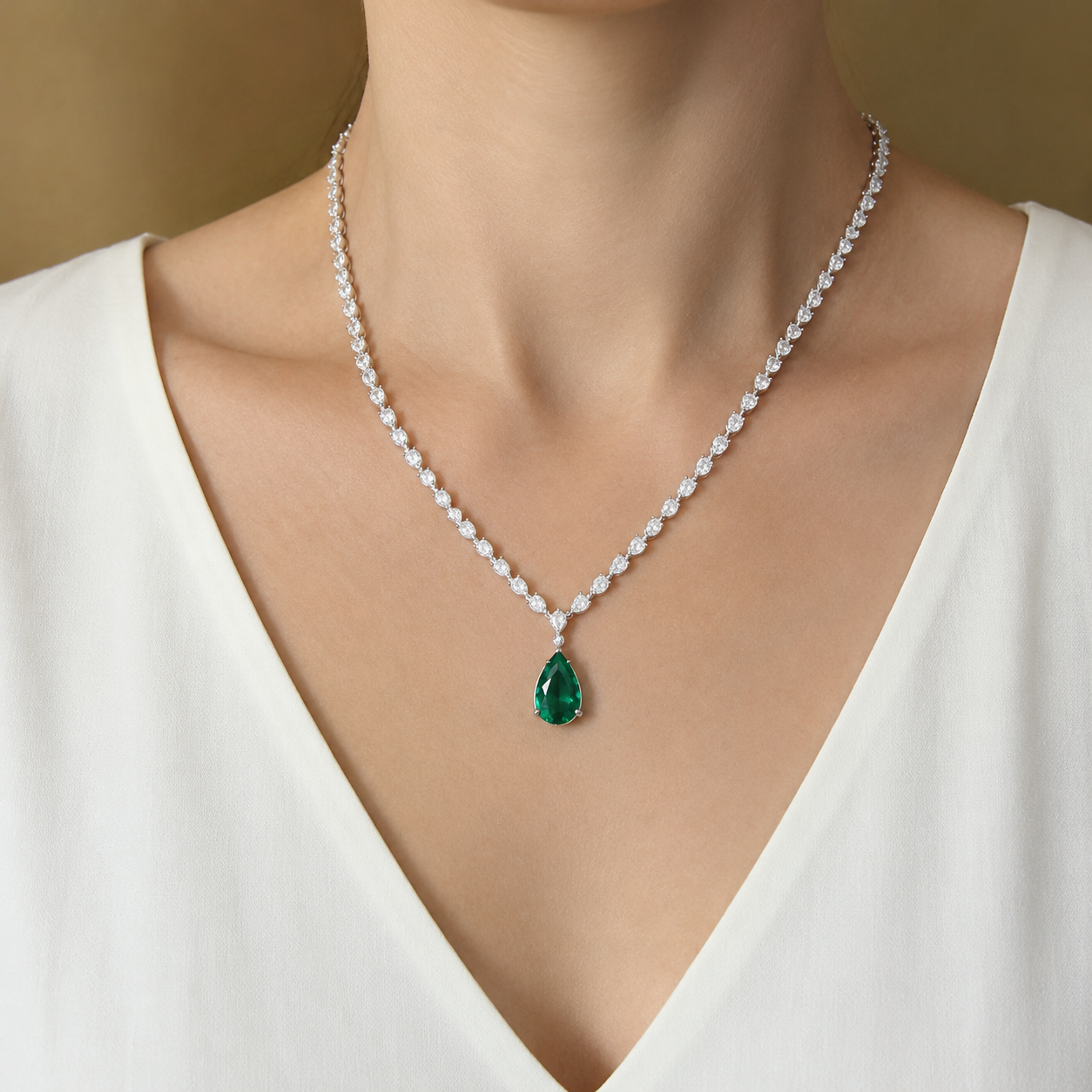 Pear shaped Eco Diamond Tennis Necklace with Emerald Drop