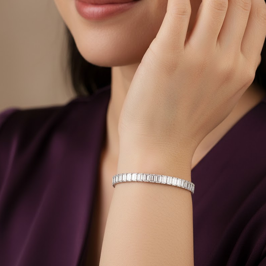 Emerald Shaped Diamond Tennis Bracelet (Bangle)
