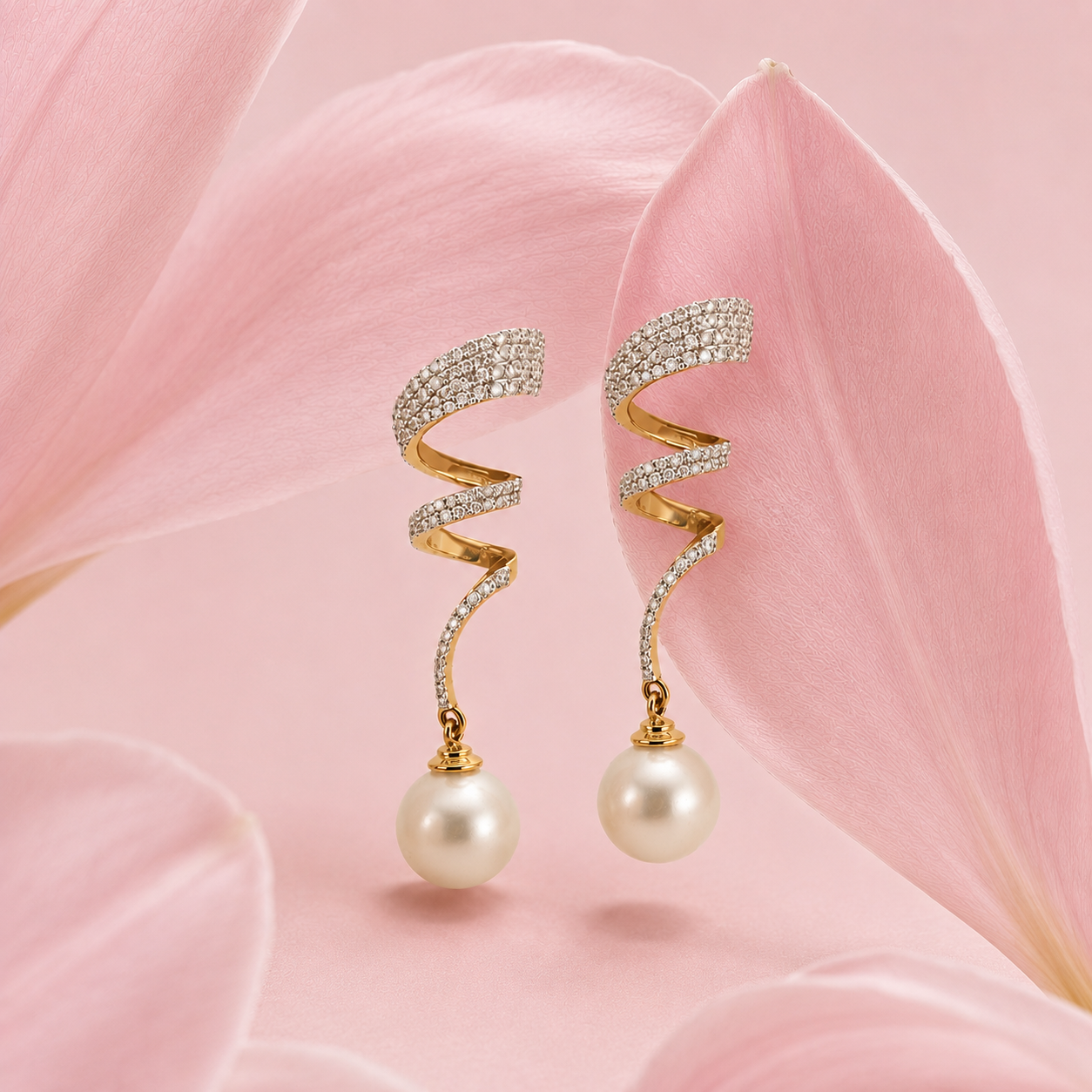 Spiral Eco Diamonds Pearl Drop Earrings