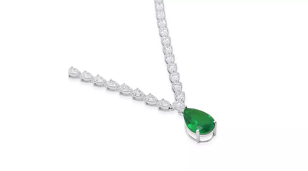 Pear shaped Eco Diamond Tennis Necklace with Emerald Drop