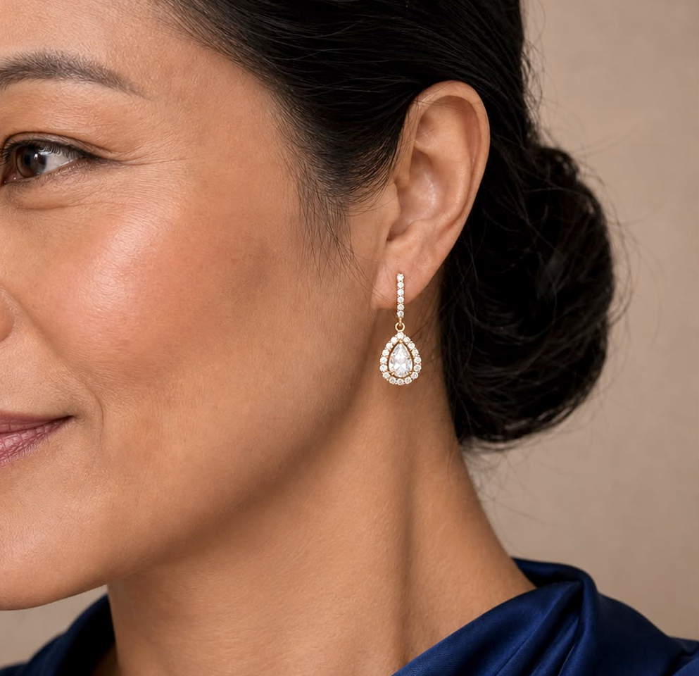 Pear-Shaped Diamond Halo Drop Earrings in Yellow Gold