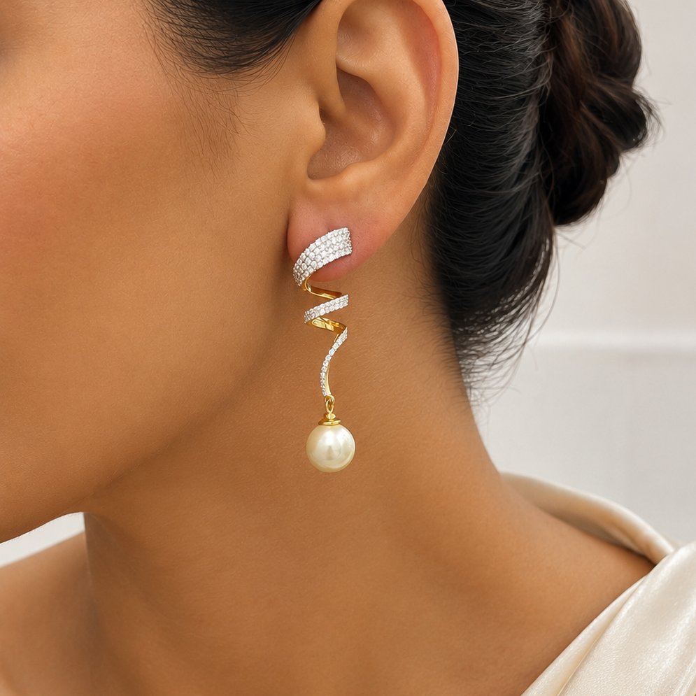 Spiral Eco Diamonds Pearl Drop Earrings