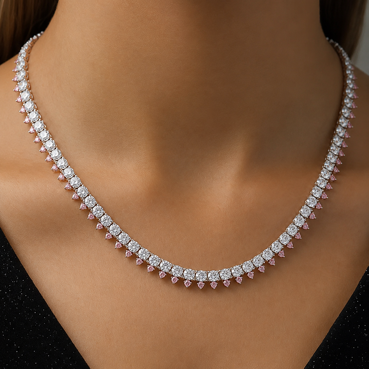Pink and White Diamonds Double Row Tennis Necklace