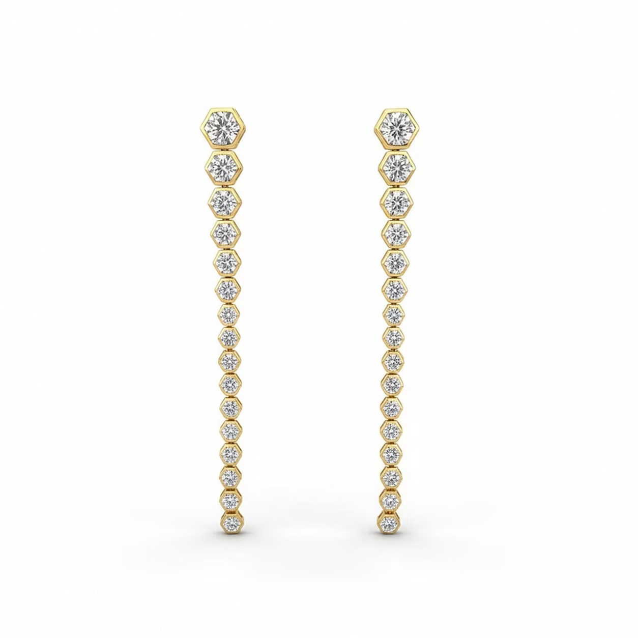 Graduated Round Yellow Gold Hexagon Bezel Earrings