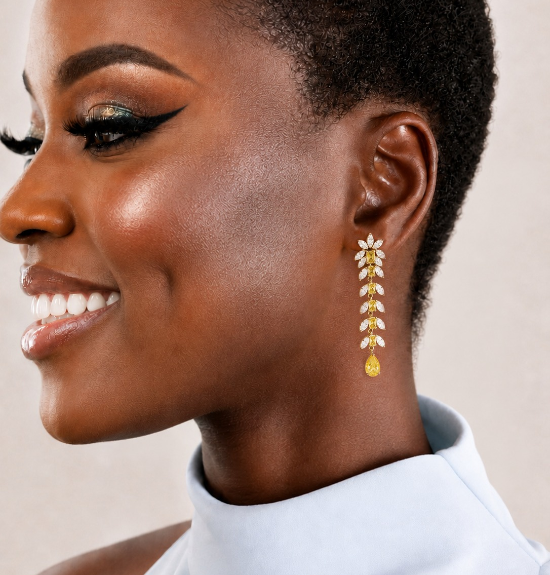 Premier Canary Yellow and White Eco Diamonds Floral Drop Earrings