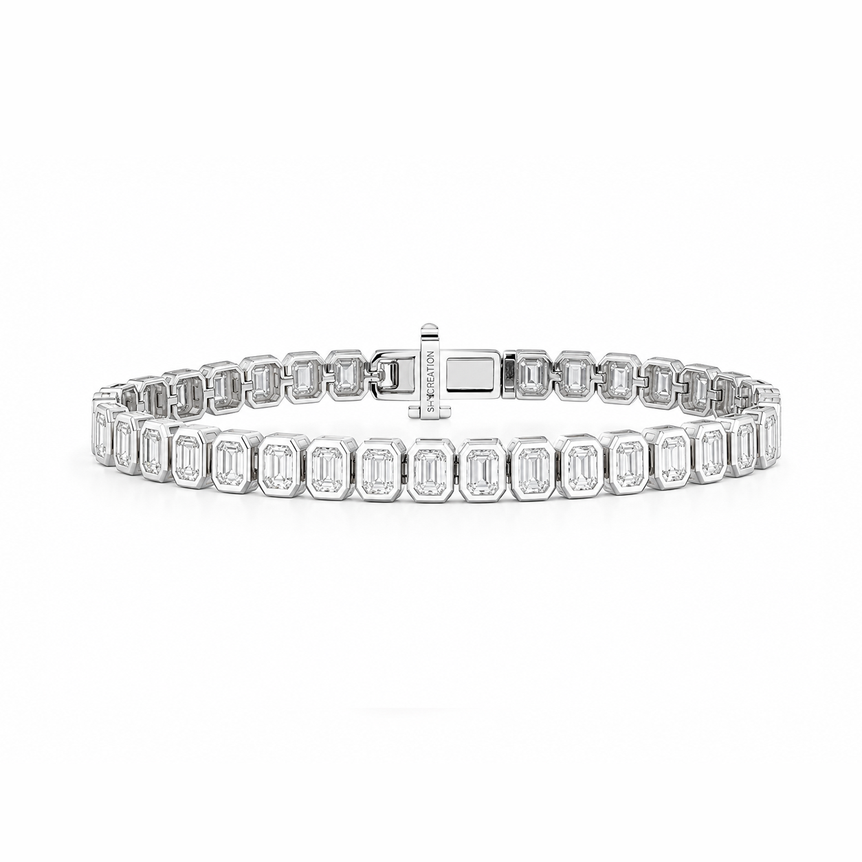 Bezel Set Emerald Shaped White Gold Eco Diamonds Tennis Bracelet