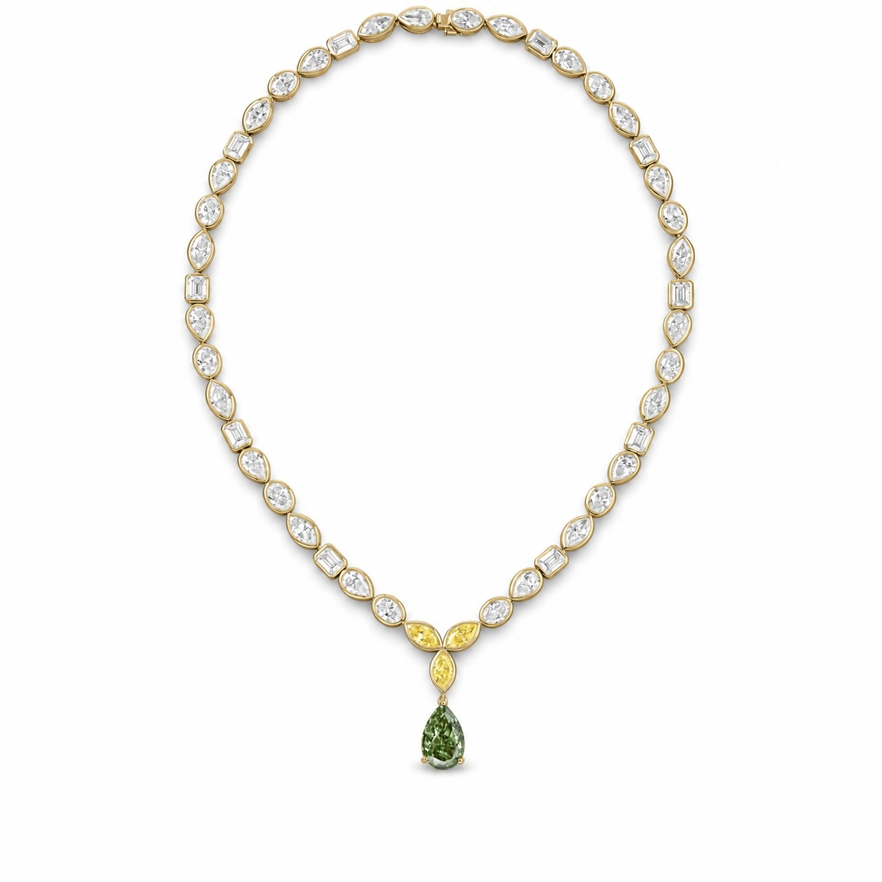Desert Rose White, Green and Yellow Diamond Pear Drop Bezel Lariat Necklace