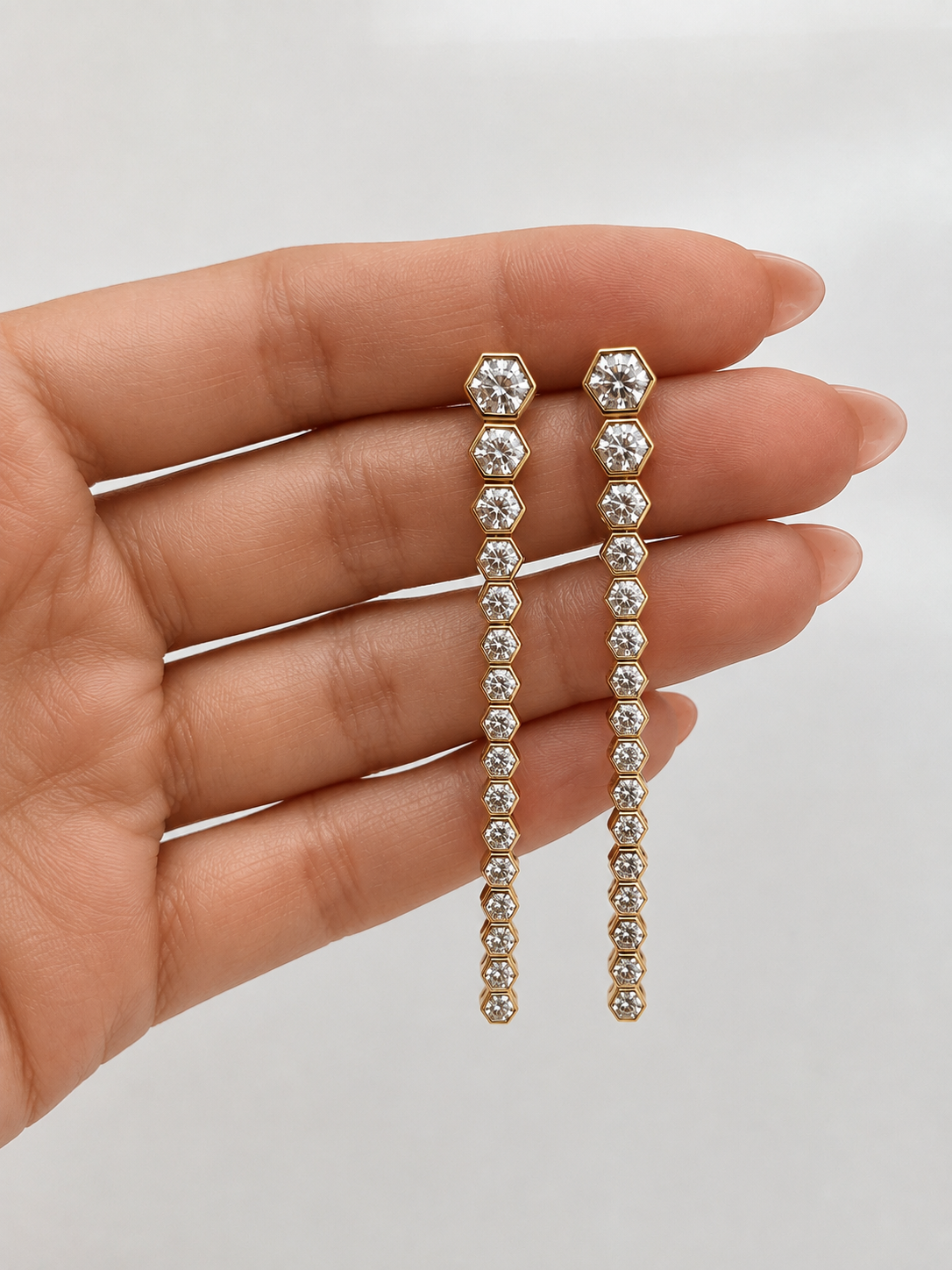 Graduated Round Yellow Gold Hexagon Bezel Earrings