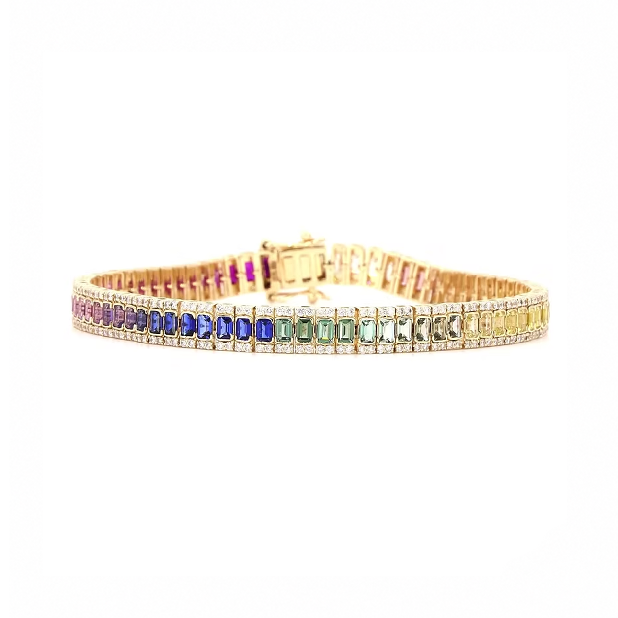 Rainbow Sapphire Emerald Cut Tennis Bracelet in Yellow Gold