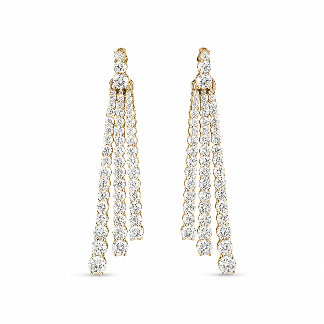 Triple Row Diamond Fringe Drop Earrings in Yellow Gold
