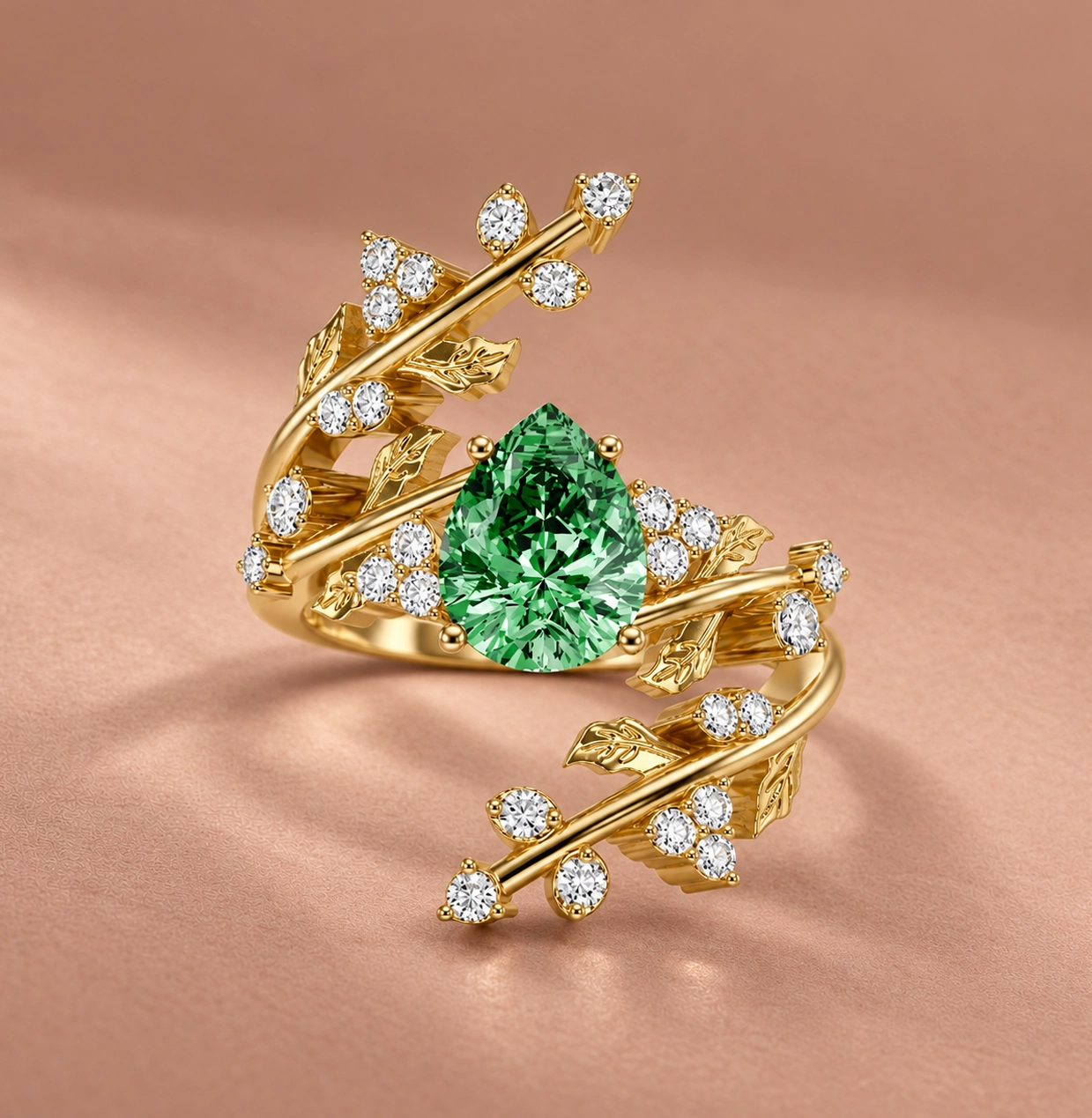 Olympia Pear Shaped Green Diamond Vine Ring
