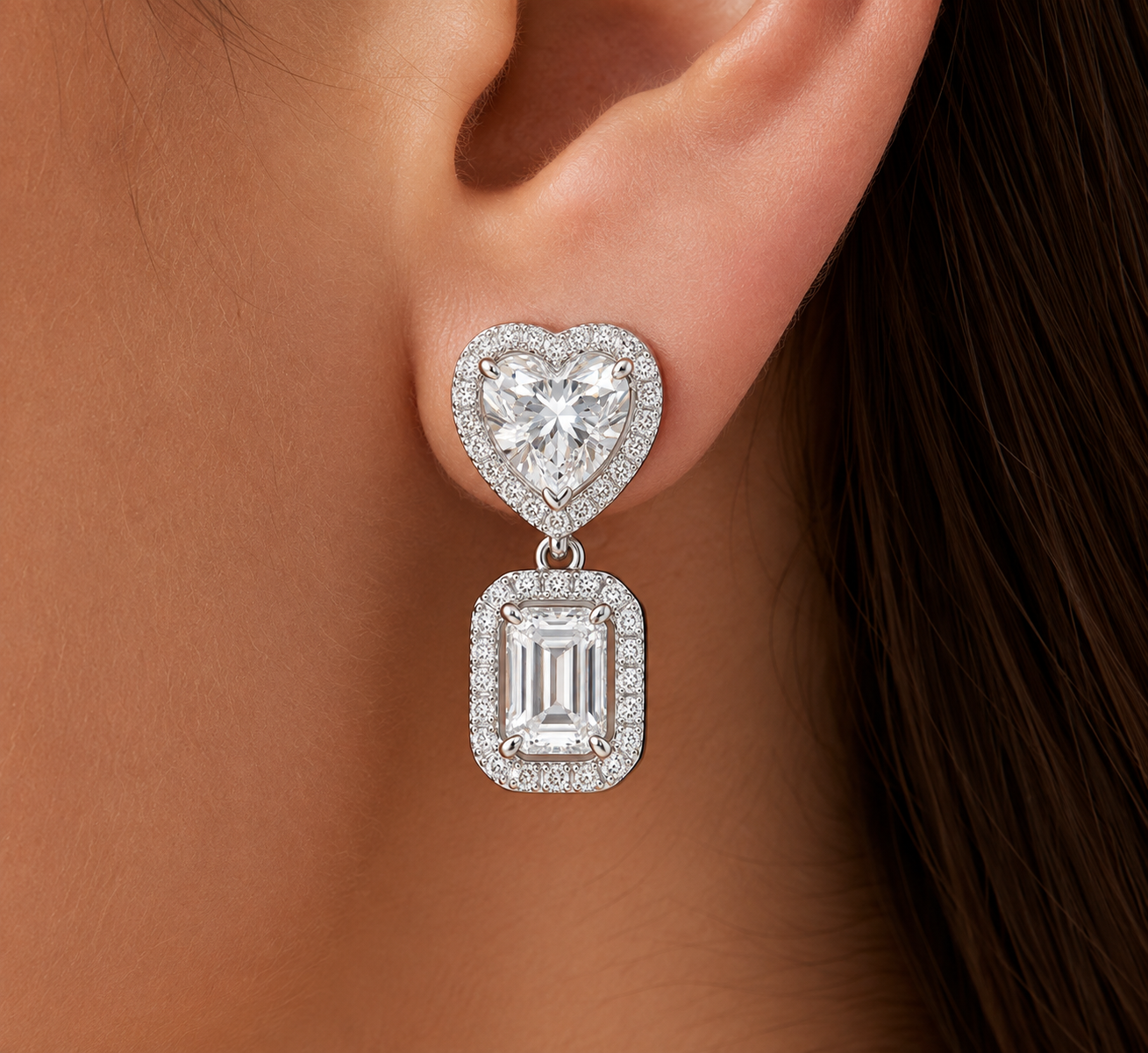 Heart and Emerald-Cut Diamond Halo Drop Earrings
