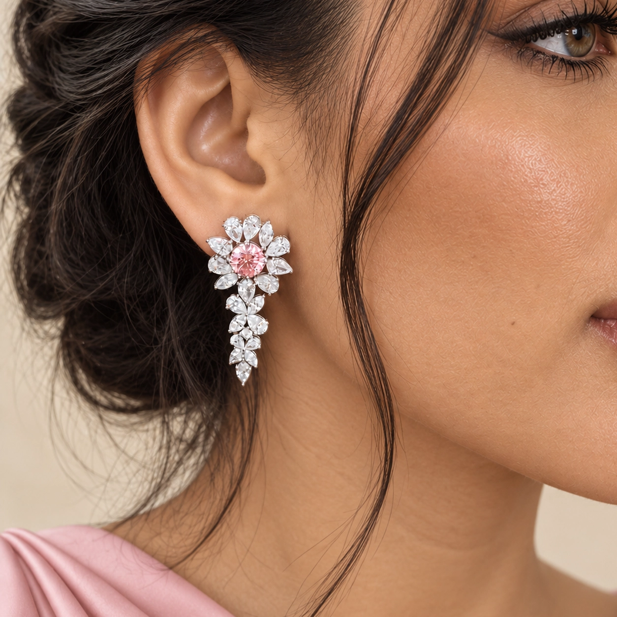Camelia Pink Diamond Center Cluster Flower Drop Earrings
