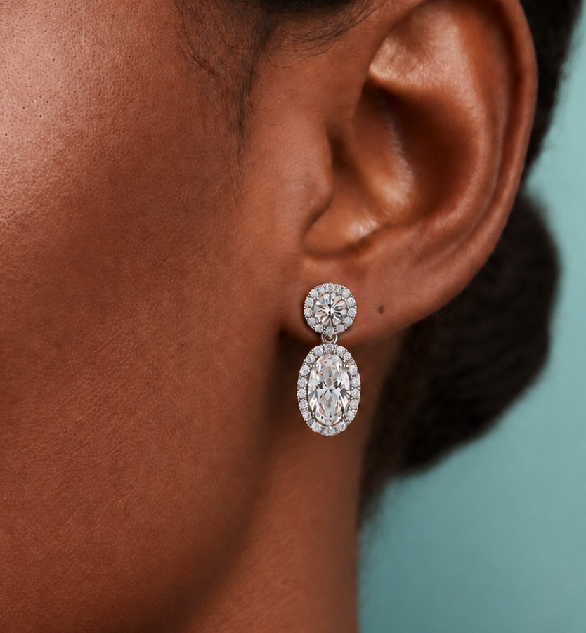 Evangelina Oval Eco Diamonds Halo Drop Earrings