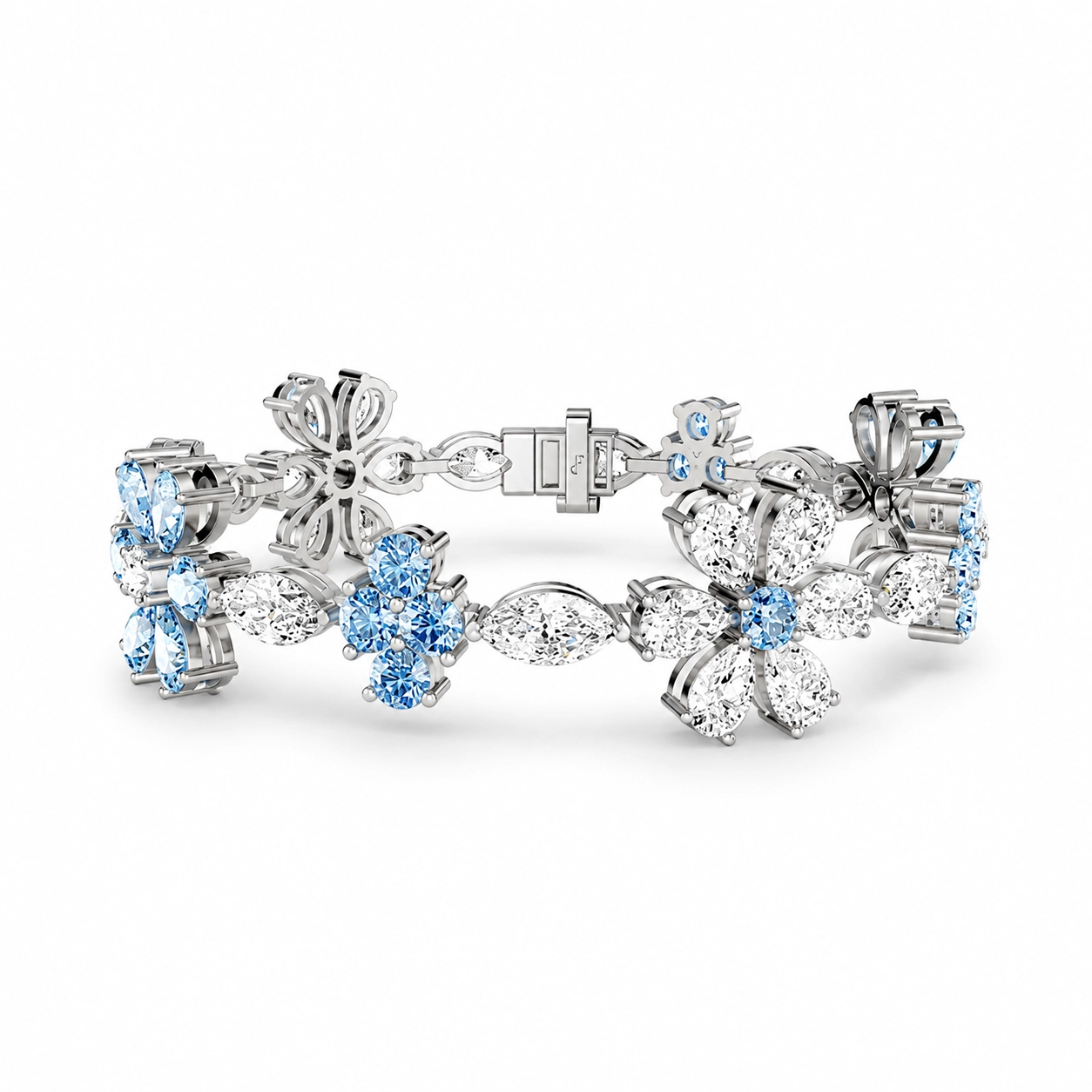 Azure Blue and White Eco Diamonds Floral Tennis Bracelet