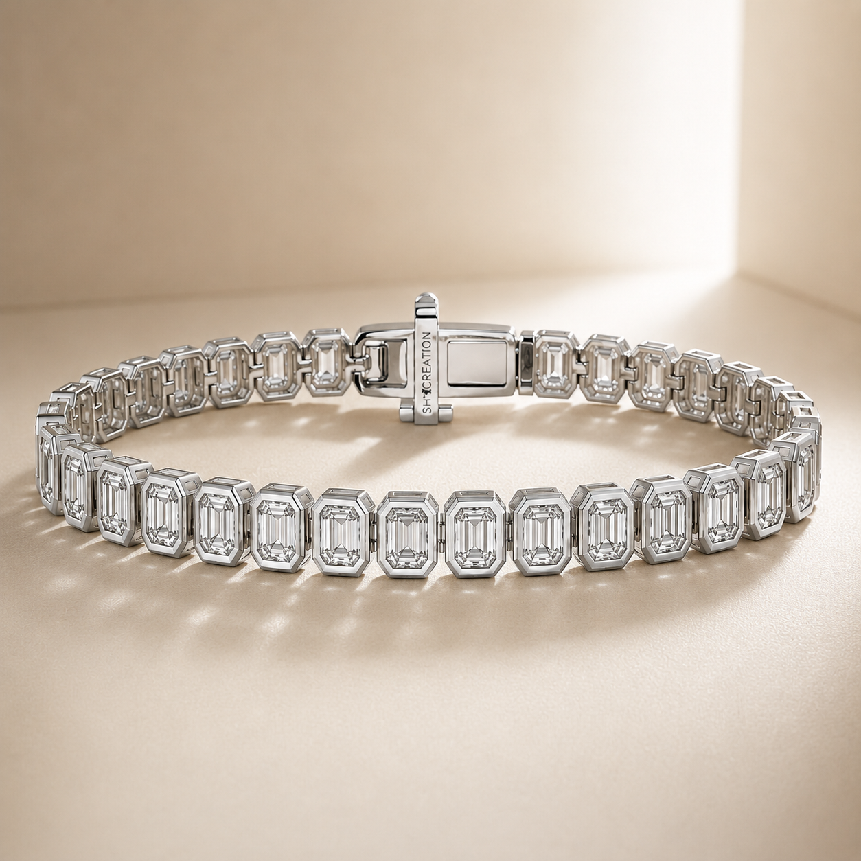 Bezel Set Emerald Shaped White Gold Eco Diamonds Tennis Bracelet