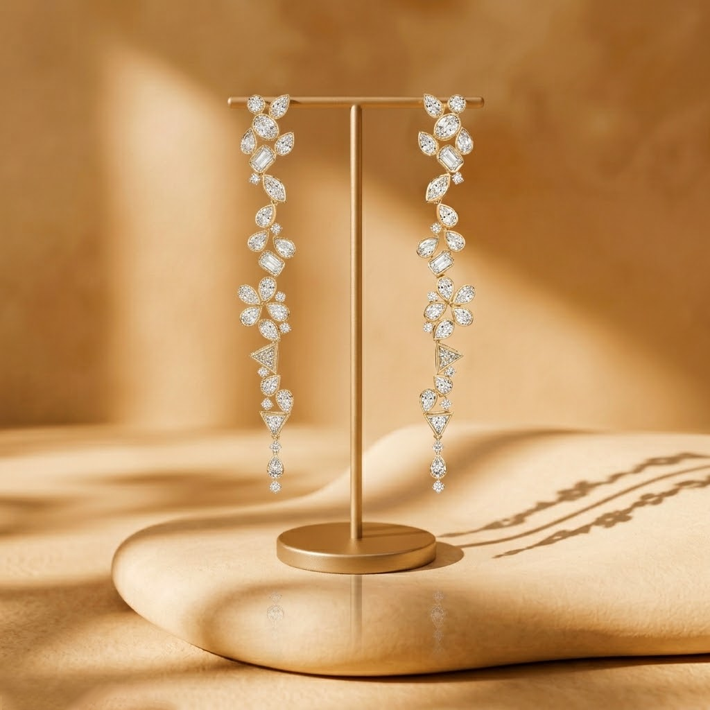 Trellis Floral Bezel Diamond Drop Earrings