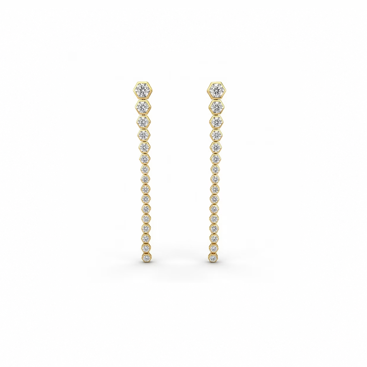 Graduated Round Yellow Gold Hexagon Bezel Earrings