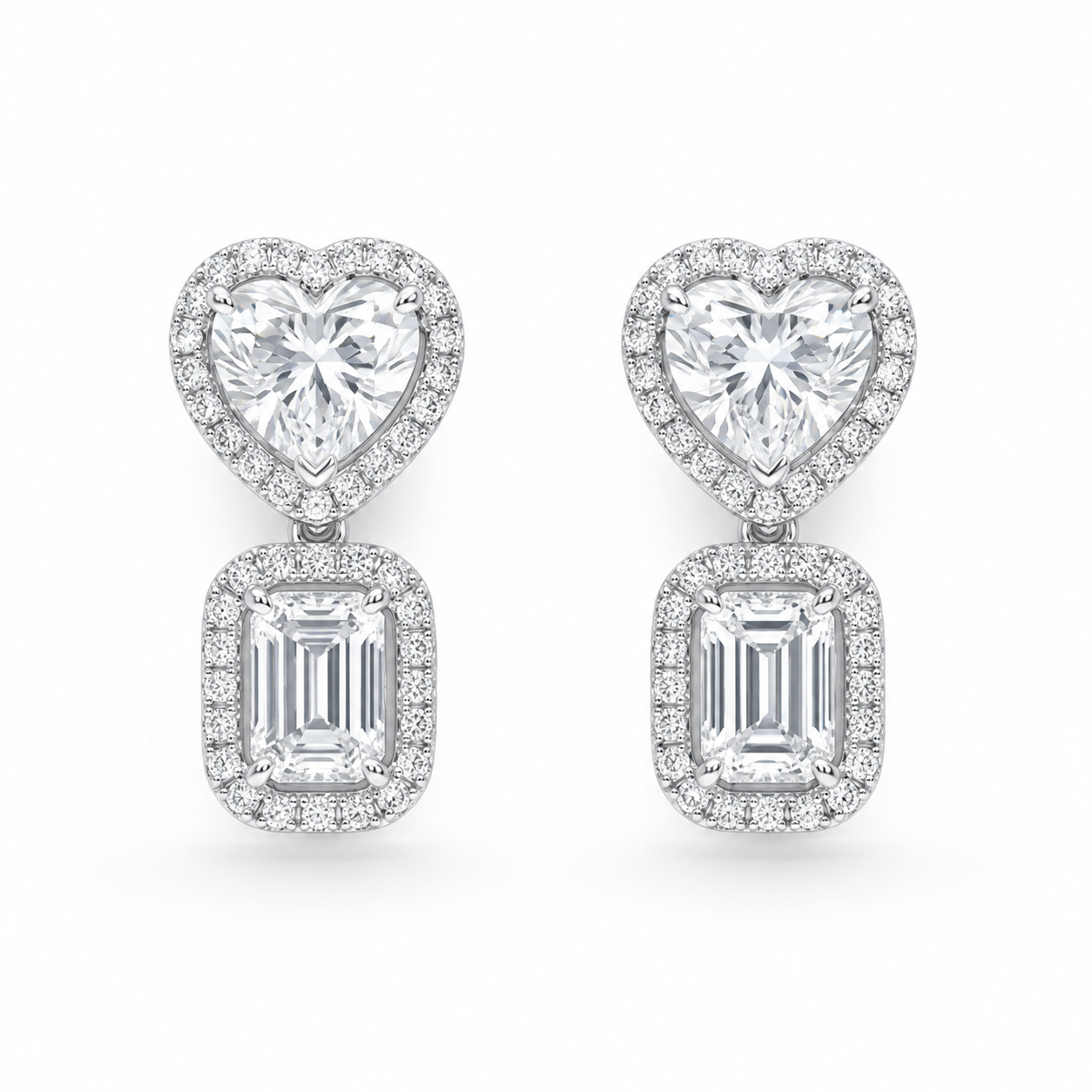 Heart and Emerald-Cut Diamond Halo Drop Earrings