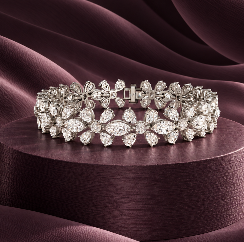 Bella Diamond Flowers and Marquise Cut Links Statement Bracelet