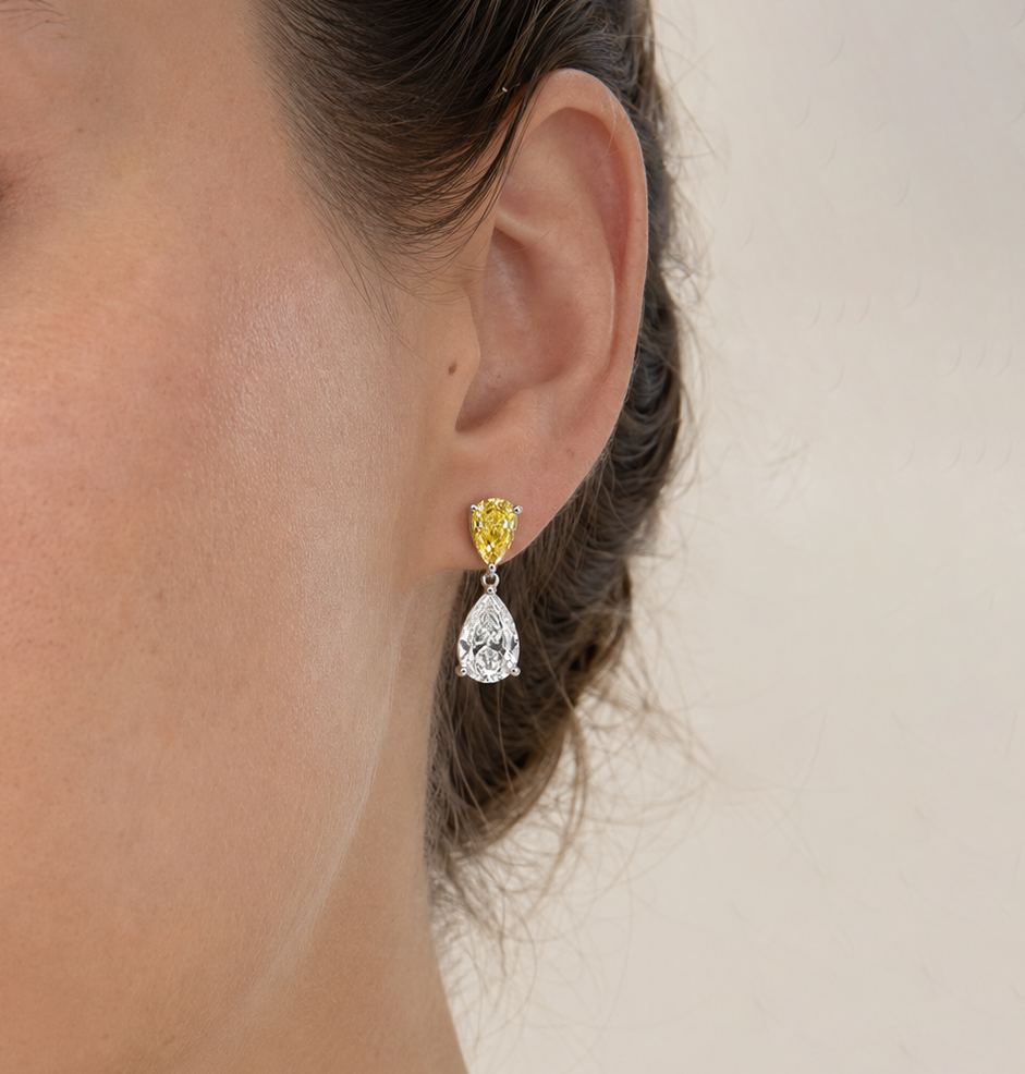 Omni Pear Shaped Yellow and White Eco Diamonds Drop Earrings