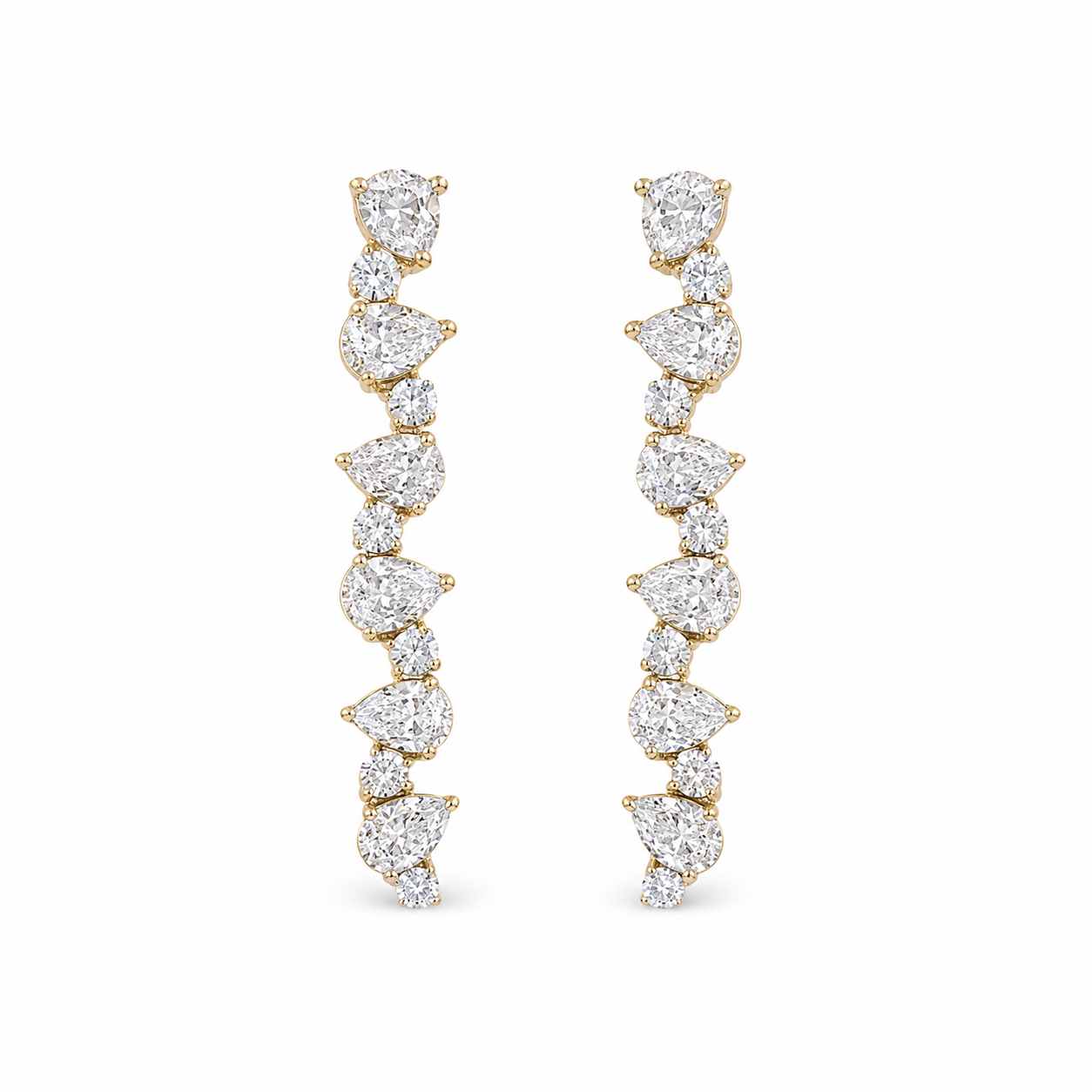 Pear and Round Diamond Cascading Drop Earrings in Yellow Gold