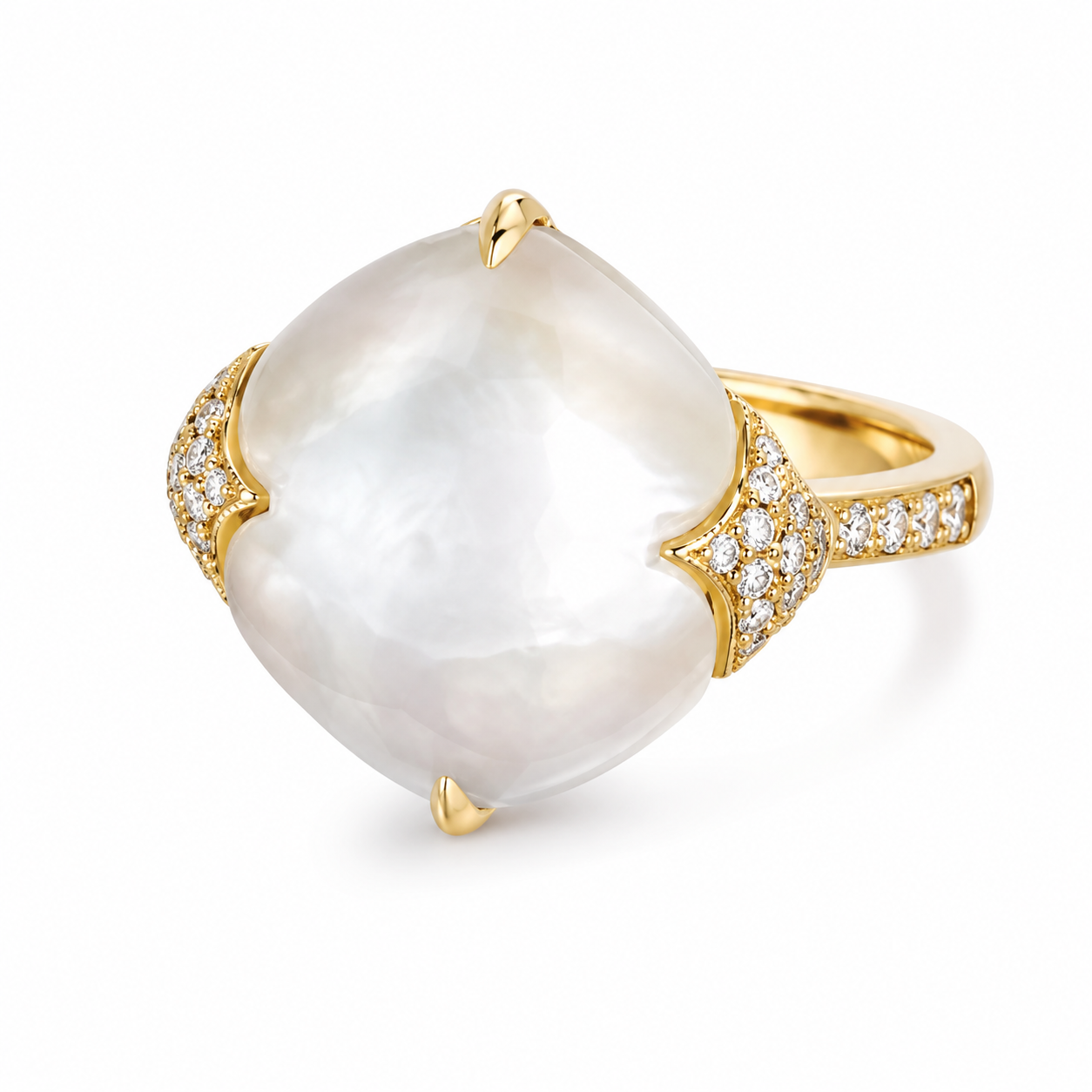 Mother of Pearl, Crystal Quartz and Diamonds Ring
