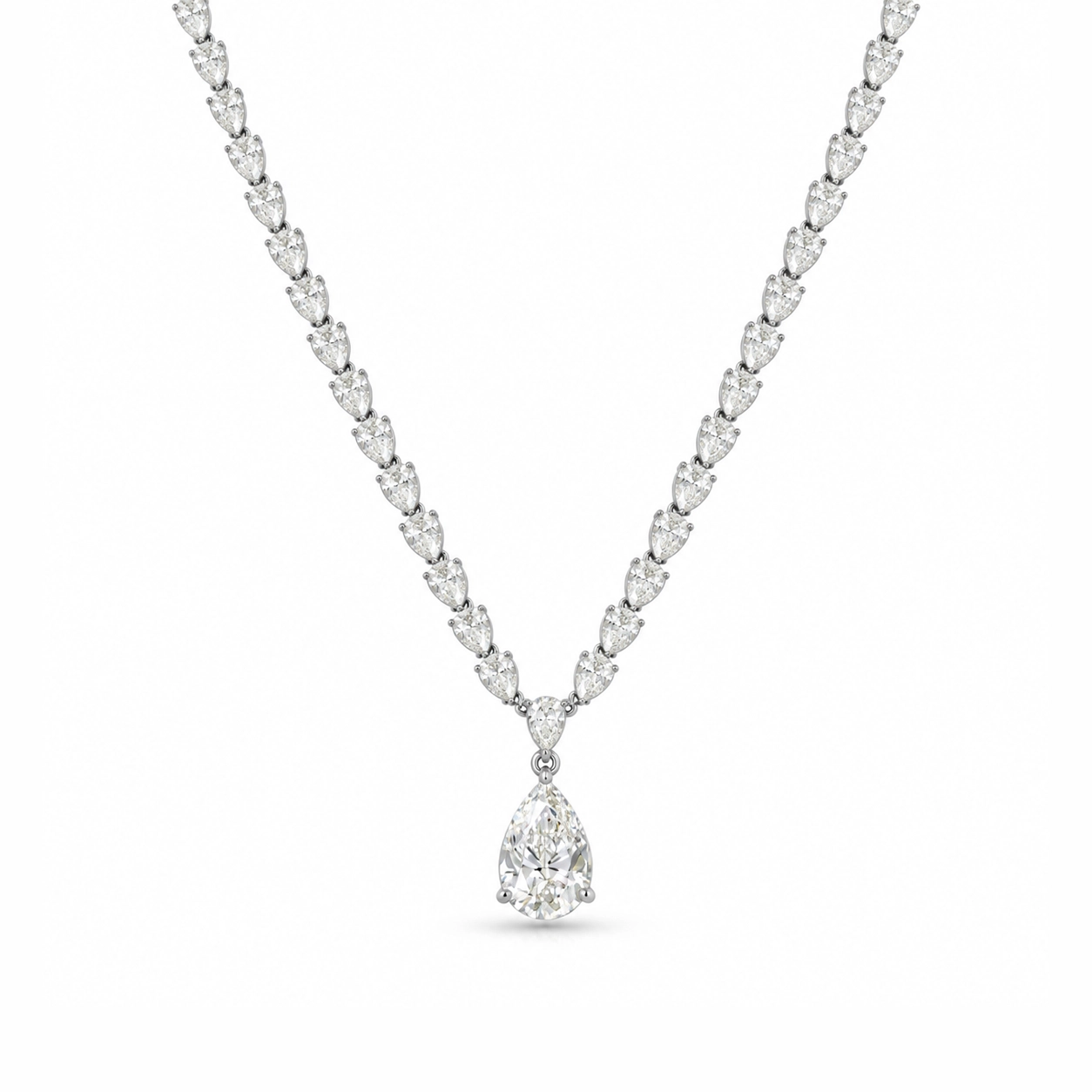 Valerie V Shaped Diamond Tennis Necklace with Tear Drop Pendant