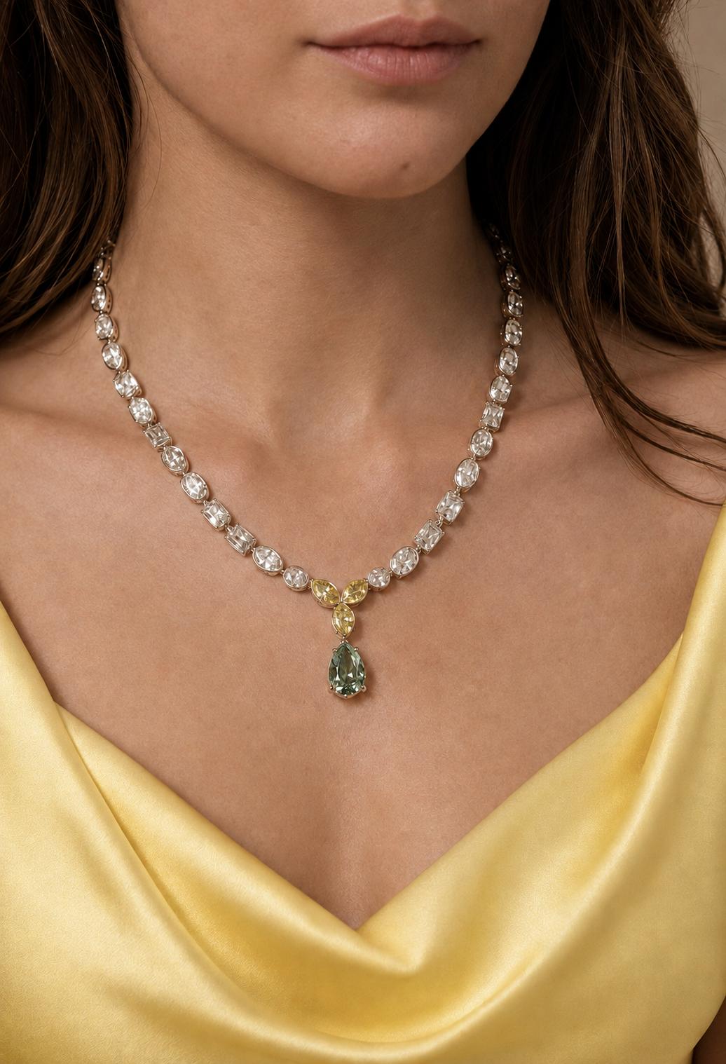 Desert Rose White, Green and Yellow Diamond Pear Drop Bezel Lariat Necklace