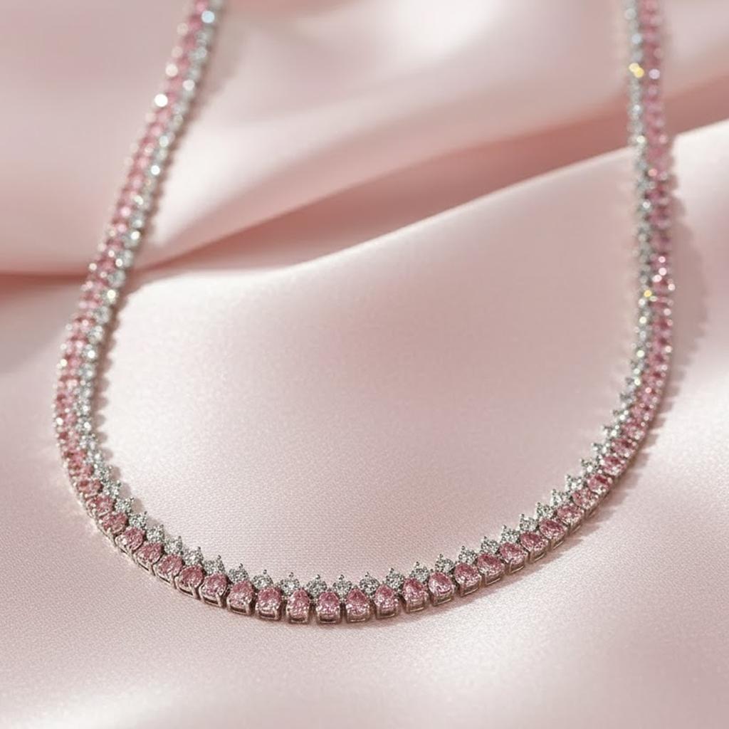 Pink and White Diamonds Double Row Tennis Necklace