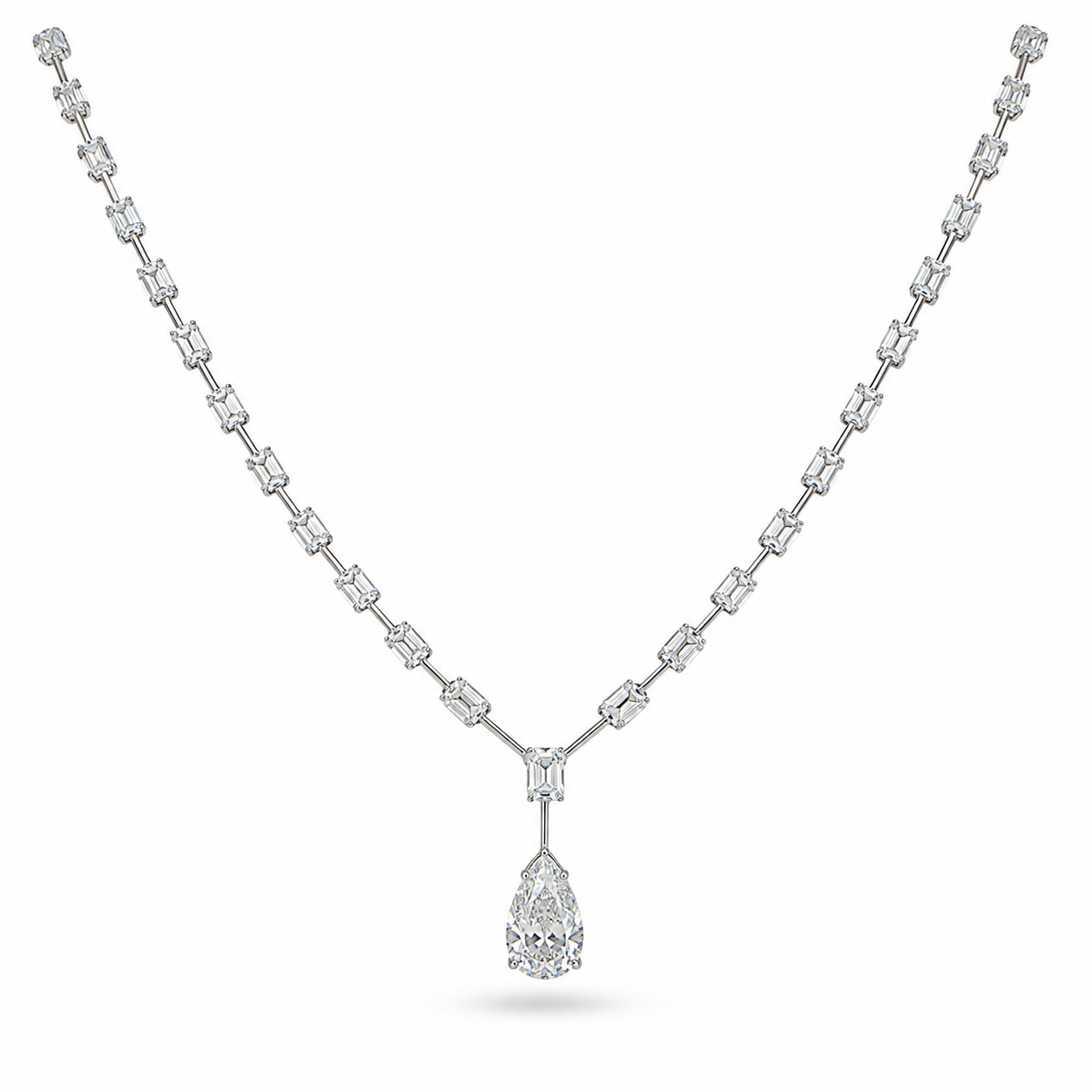 Emerald Cut Diamond Station Necklace with Pear Shape Drop