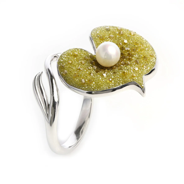 Crushed Yellow Diamonds Pearl Ring