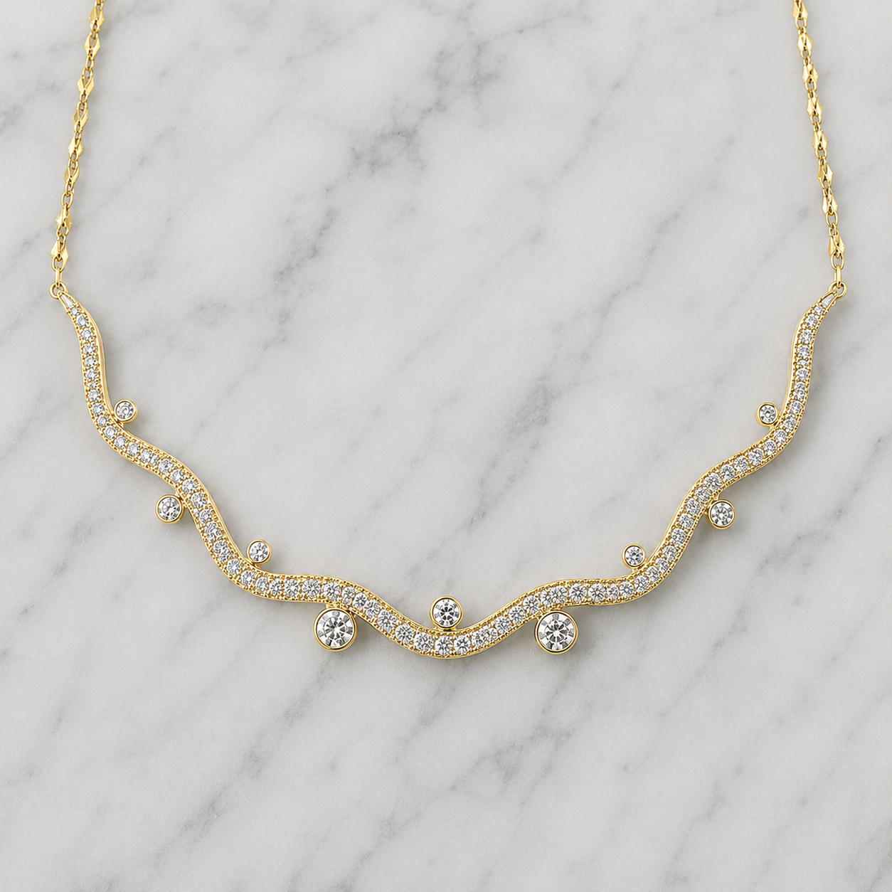 Wave Round Bezel Eco Diamonds Necklace